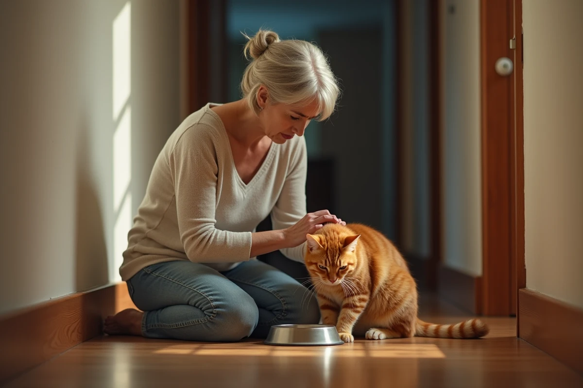 Propriétaire inquiète agenouillée près de son chat orange qui refuse de manger dans sa gamelle
