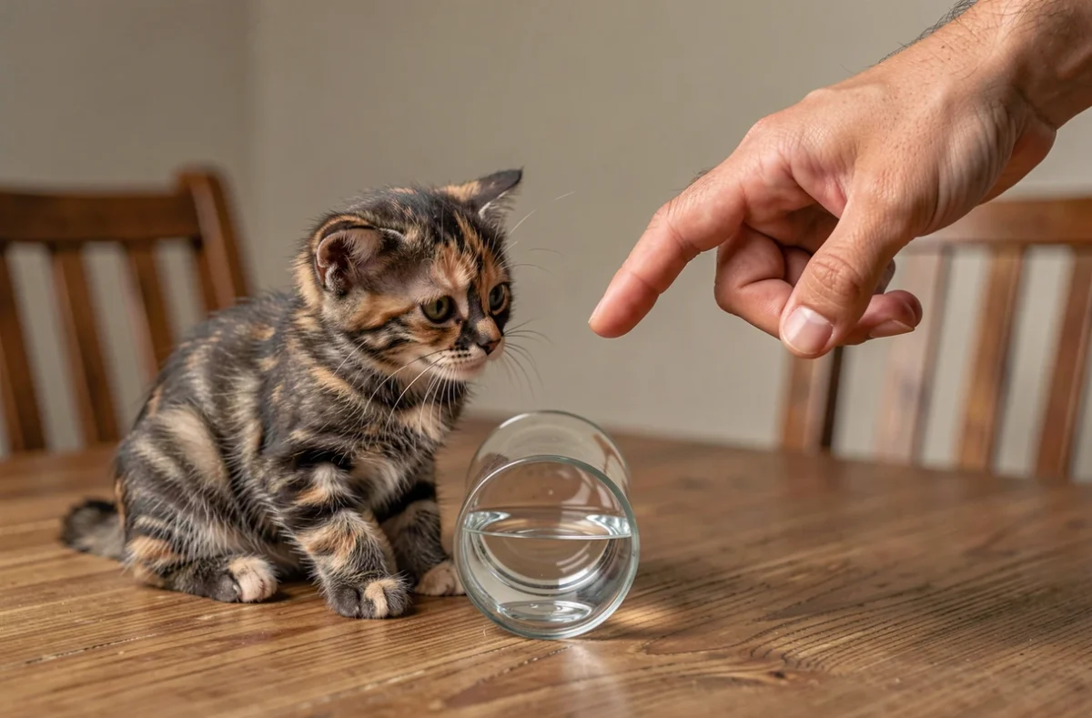 Un chaton l'air stressé face à un geste de punition d'une main humaine après une bêtise, illustrant l'erreur de punir un chaton