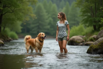 Femme et chien dans la rivière en pleine nature