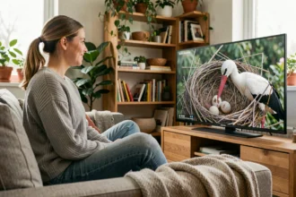 Femme regardant Télé Cigogne en direct sur son canapé avec un nid de cigognes à l'écran