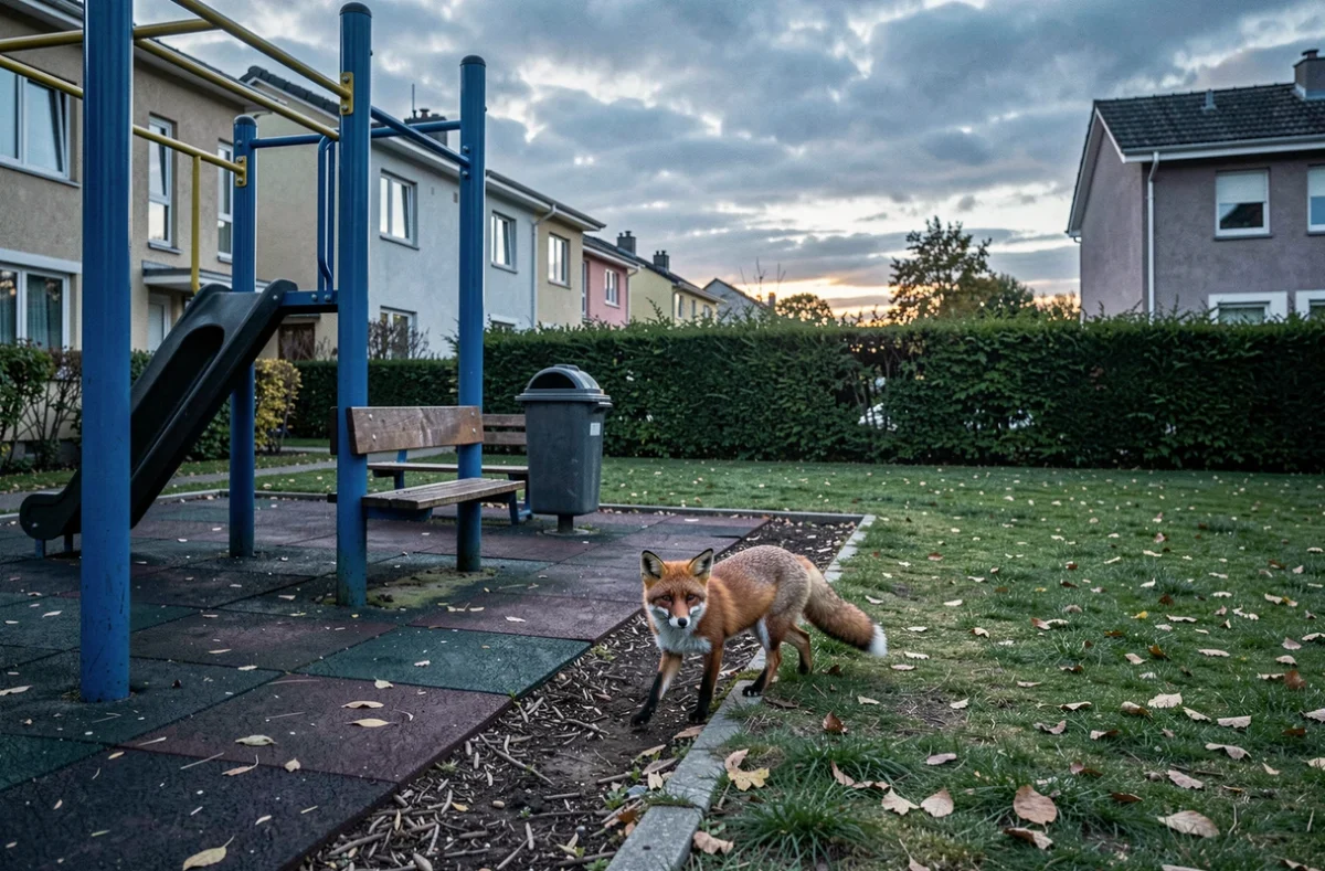 Renard urbain traversant une aire de jeux pour enfants dans un quartier résidentiel au crépuscule
