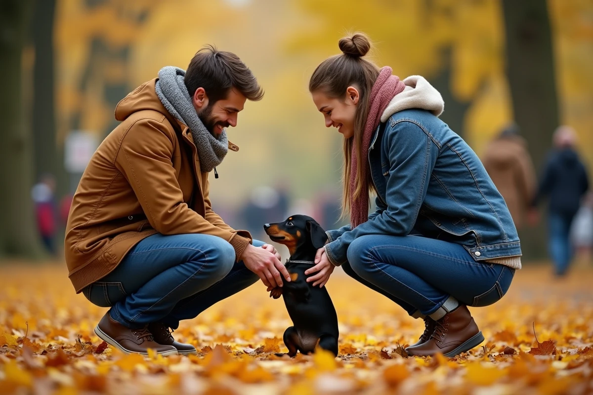 Jeune couple rencontrant un chiot dachshund dans un parc