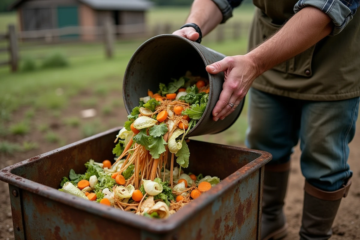 Fermier versant des épluchures de légumes et restes de cuisine dans une auge métallique pour nourrir les cochons dans une ferme rurale