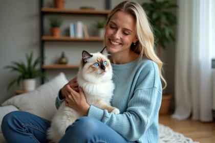 Jeune Sacré de Birmanie sur les genoux d'une femme