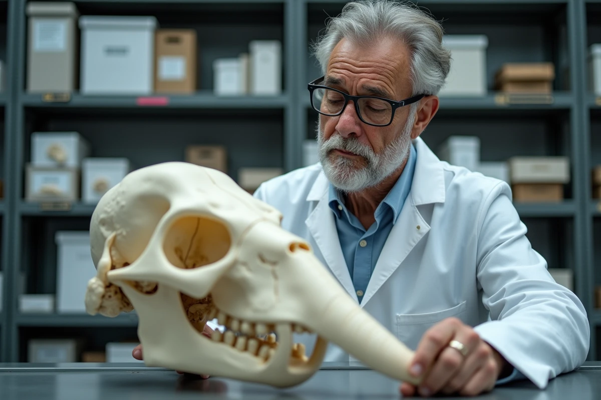 Scientifique analysant une réplique de crâne de mammouth dans un laboratoire de musée d'histoire naturelle