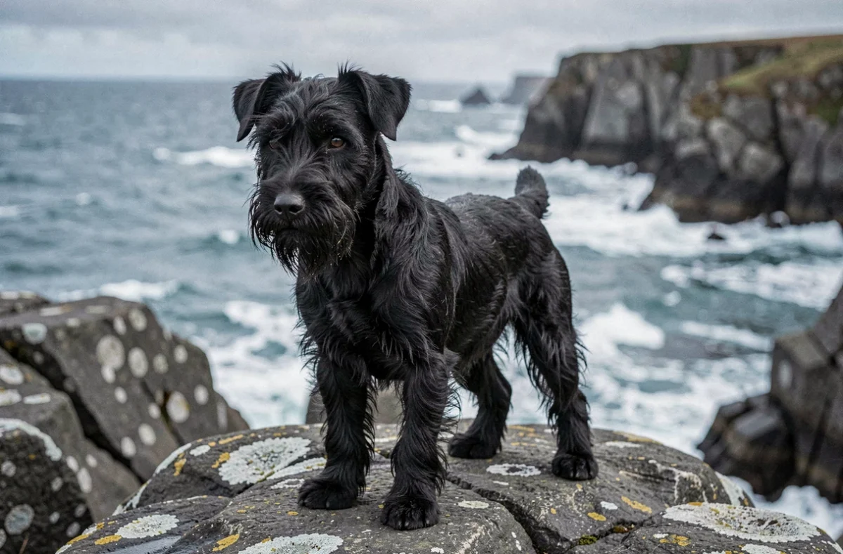Scottish Terrier noir debout sur un rocher face à l'océan Atlantique sur la côte bigoudène en Bretagne