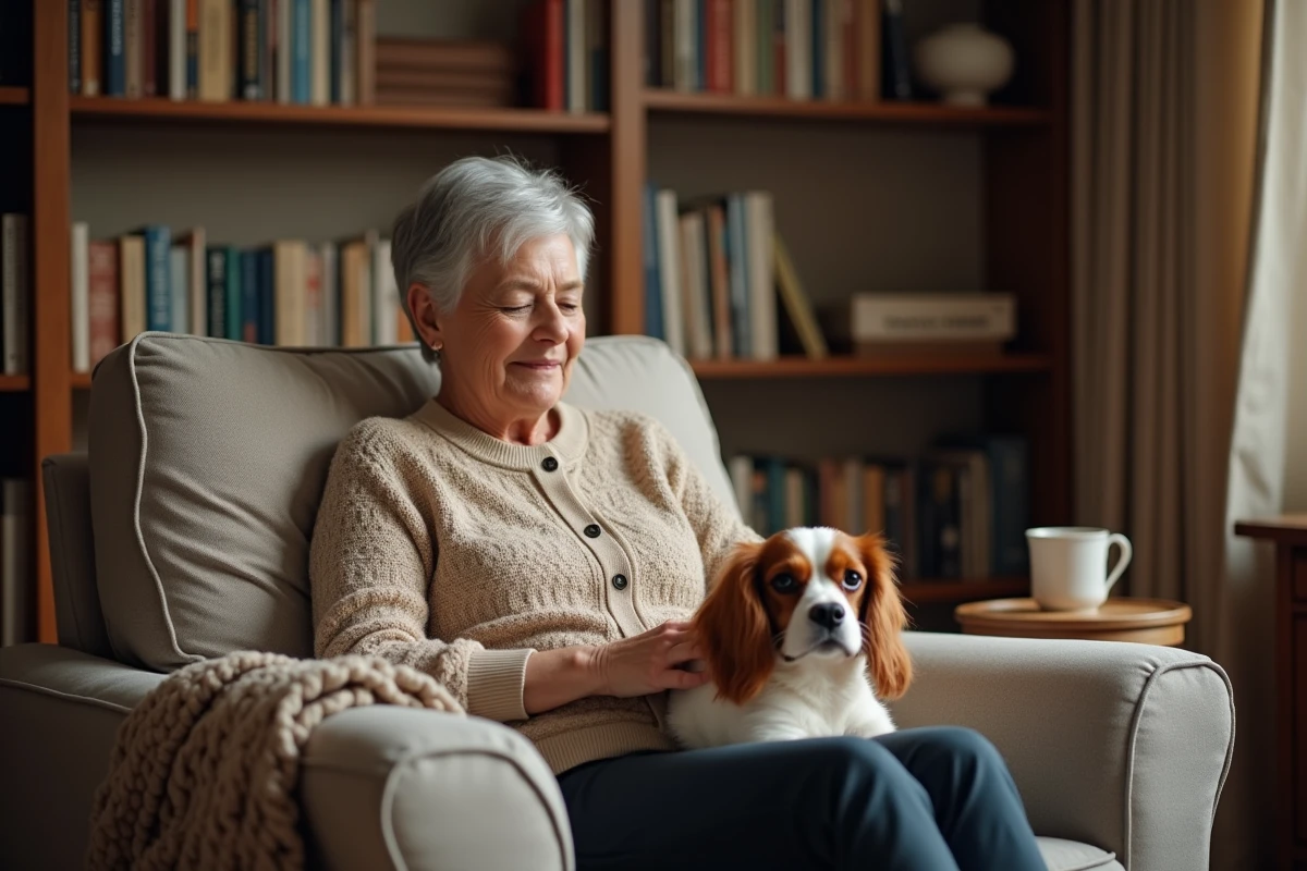Senior femme âgée avec un Cavalier King Charles dans son salon, illustration quiz chien pour seniors Animalcenter