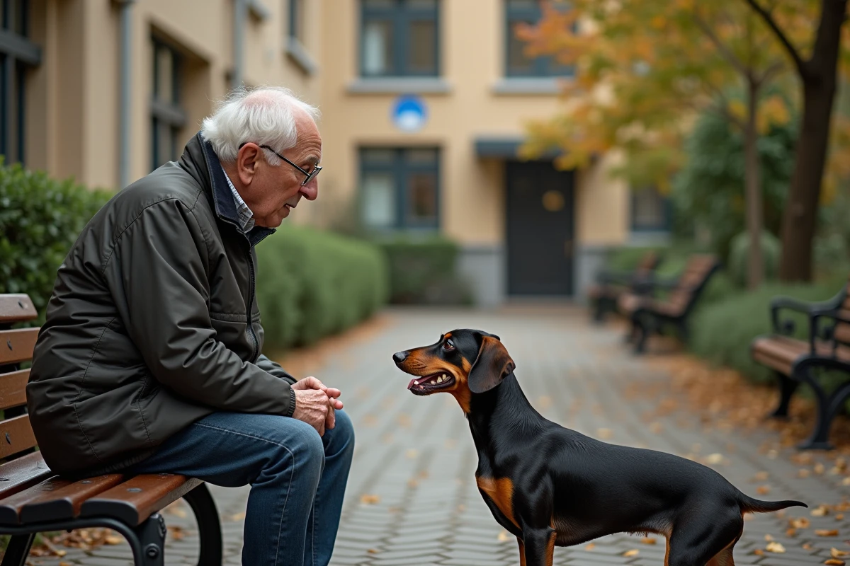 Homme âgé avec chien dachshund dans un parc urbain