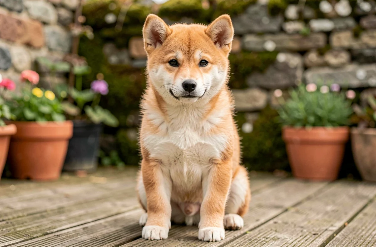 Chiot Shiba Inu roux assis sur une terrasse en bois dans le jardin de l'élevage Shiba de Treheu