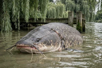 Silure géant partiellement immergé dans les eaux troubles d'une rivière européenne, ses longues barbillons visibles à la surface