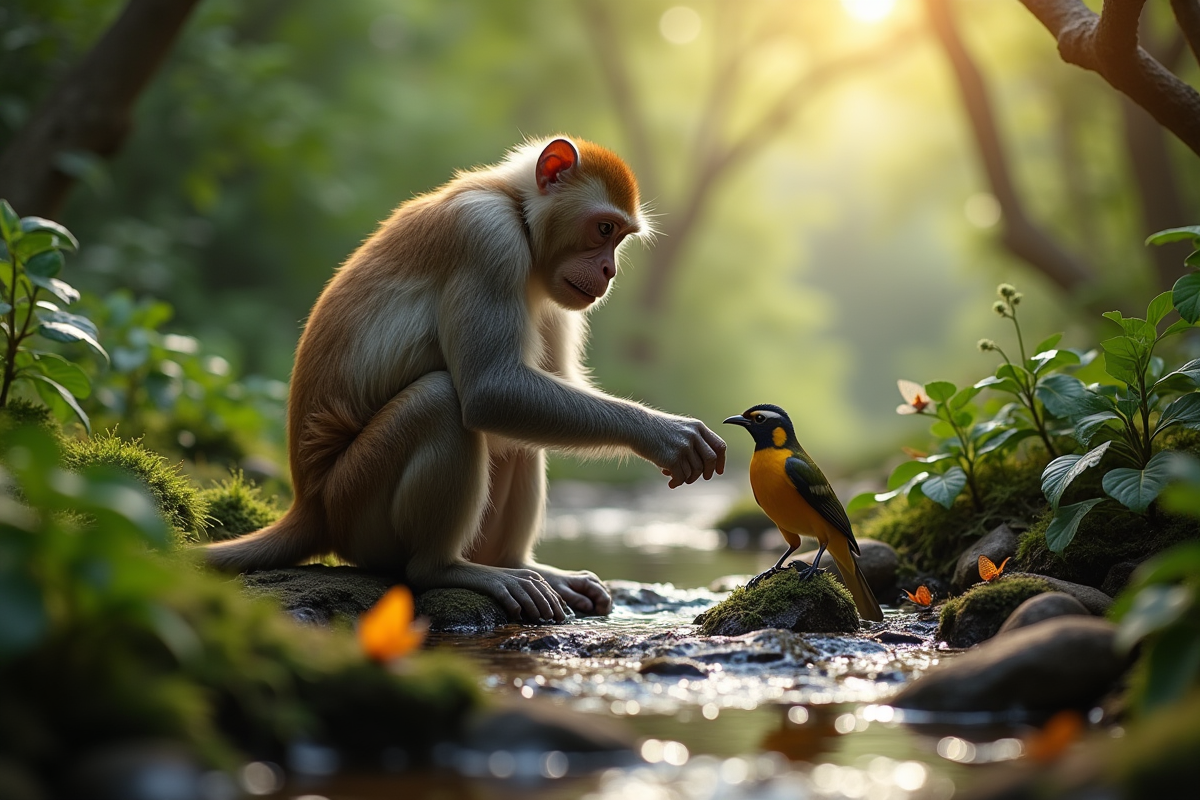 Singe interagissant avec oiseaux et papillons dans la jungle