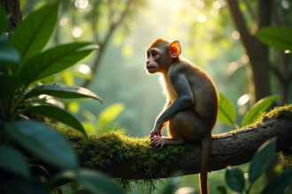 Singe curieux assis sur une branche dans la forêt tropicale