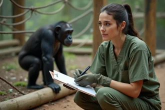 Soigneuse animalière observant un chimpanzé dans un enclos naturel lors d'une formation ape care