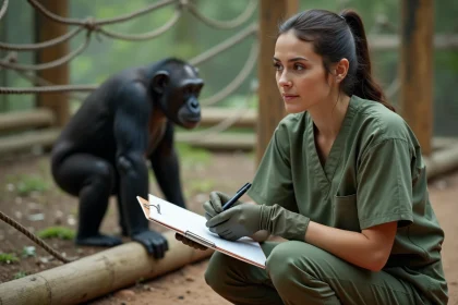 Soigneuse animalière observant un chimpanzé dans un enclos naturel lors d'une formation ape care