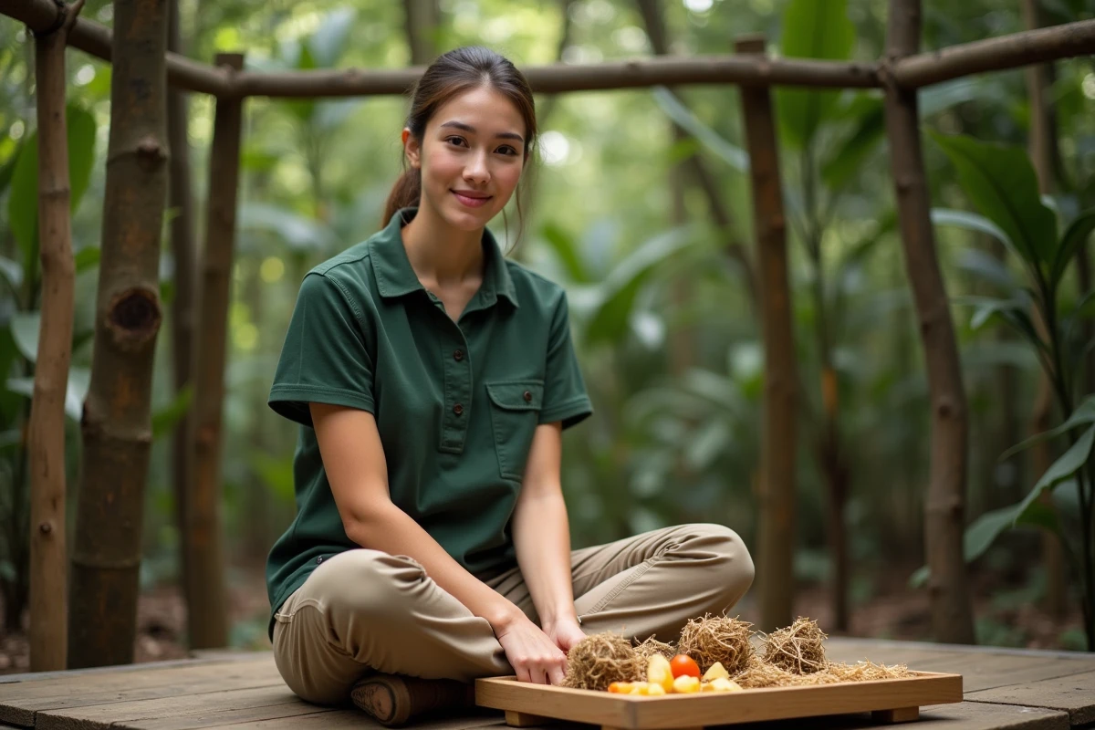 Jeune soigneuse préparant des enrichissements alimentaires pour grands singes dans un sanctuaire extérieur