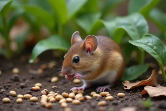 Petite souris sauvage grignotant des graines dans un jardin