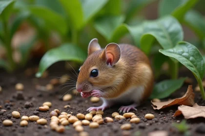 Petite souris sauvage grignotant des graines dans un jardin
