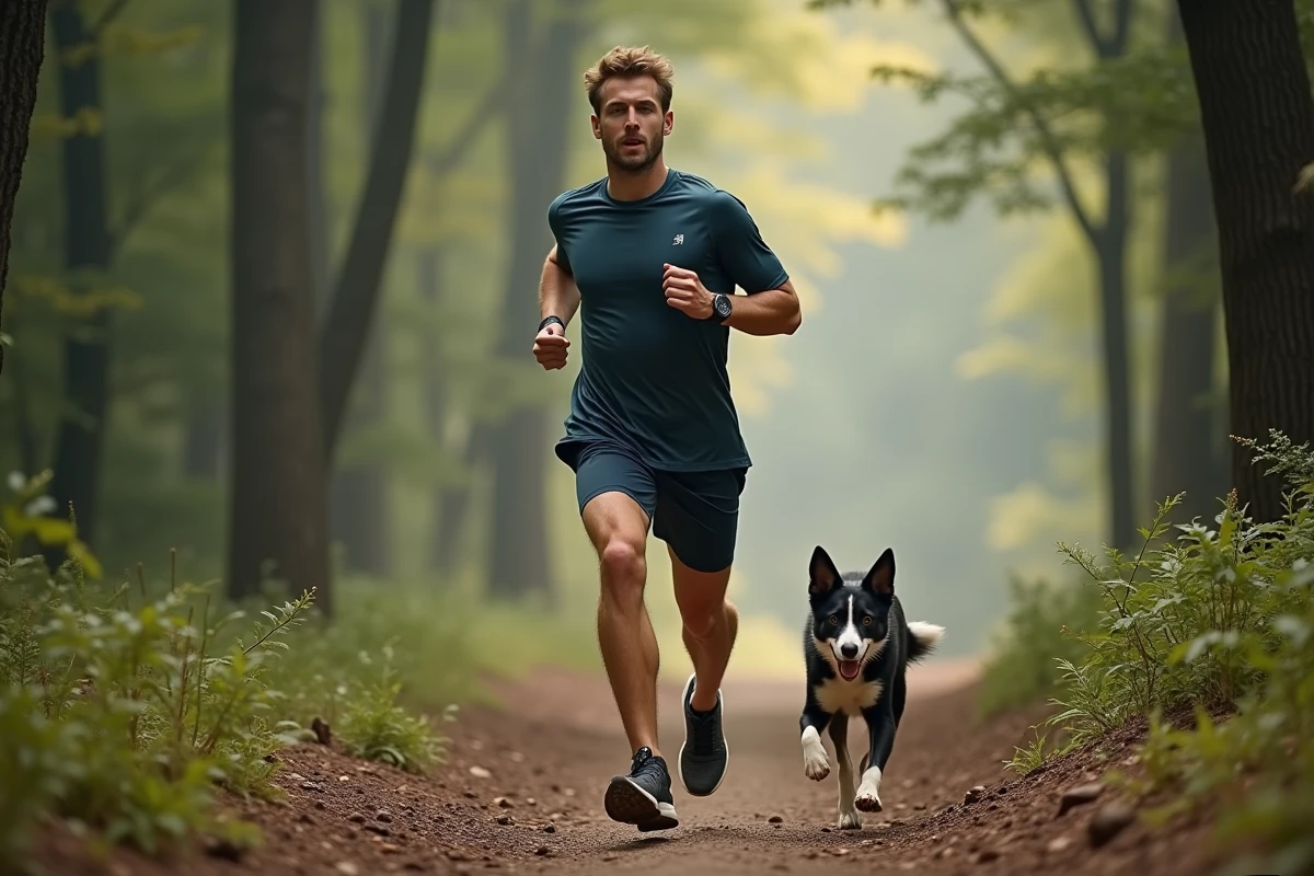 Homme sportif courant avec un Border Collie sur un sentier forestier, quiz chien pour sportifs Animalcenter