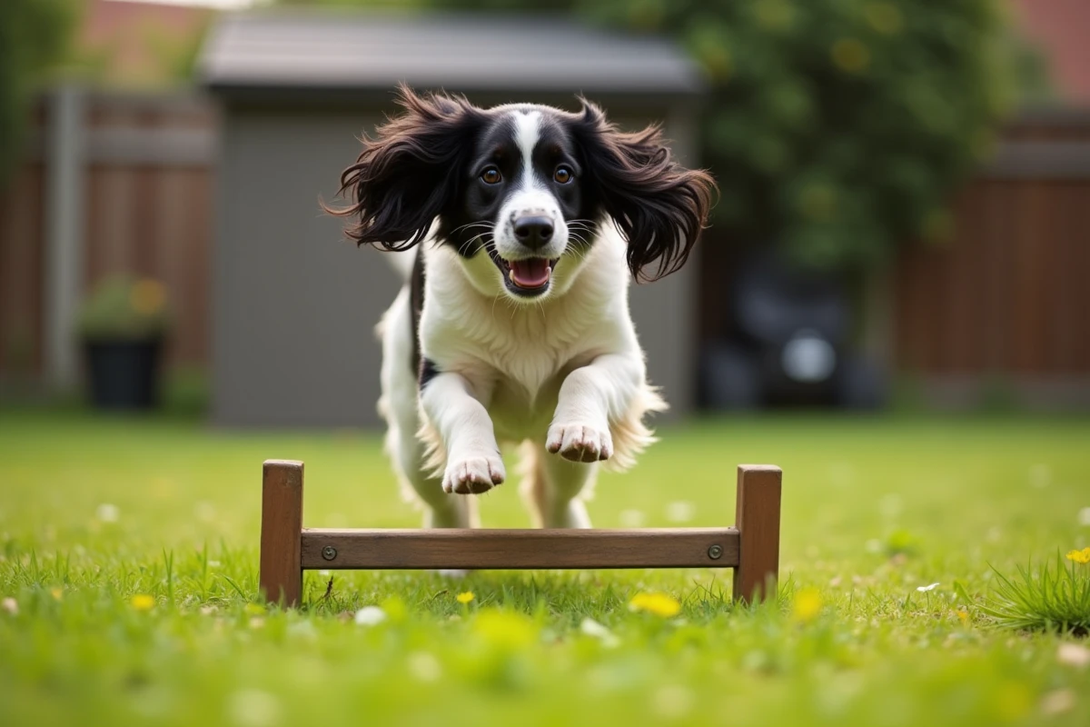 Springer anglais en plein saut lors d'une activité d'agilité dans un jardin familial