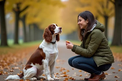 Springer anglais assis calmement lors d'une séance d'éducation avec sa maîtresse dans un parc en automne