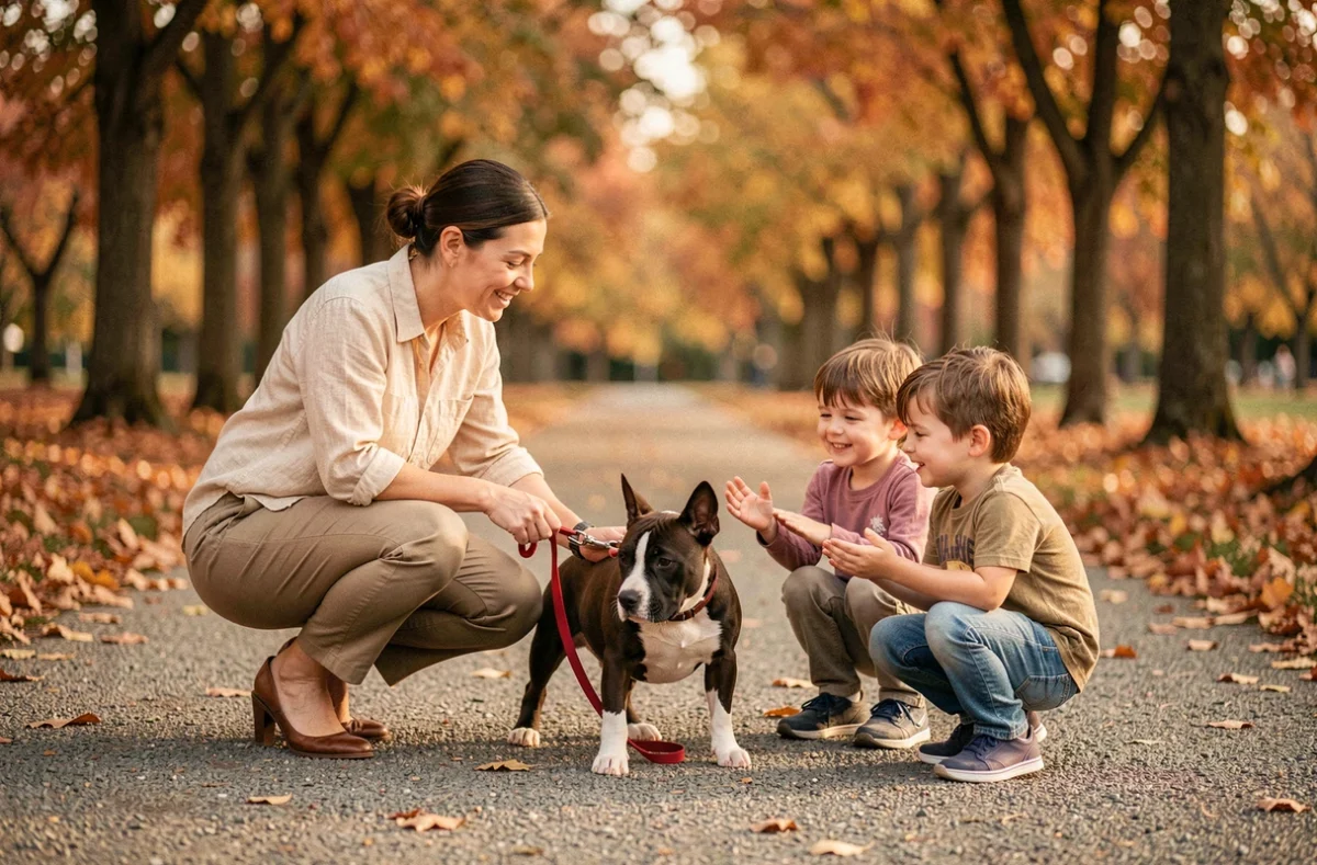 Femme adulte supervisant deux enfants en train de rencontrer un chiot bull terrier dans un parc en automne