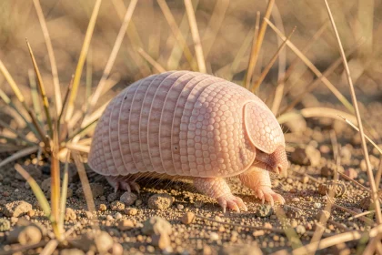 Tatou rose fée, animal rare d'Argentine, photographié en gros plan sur un sol sableux