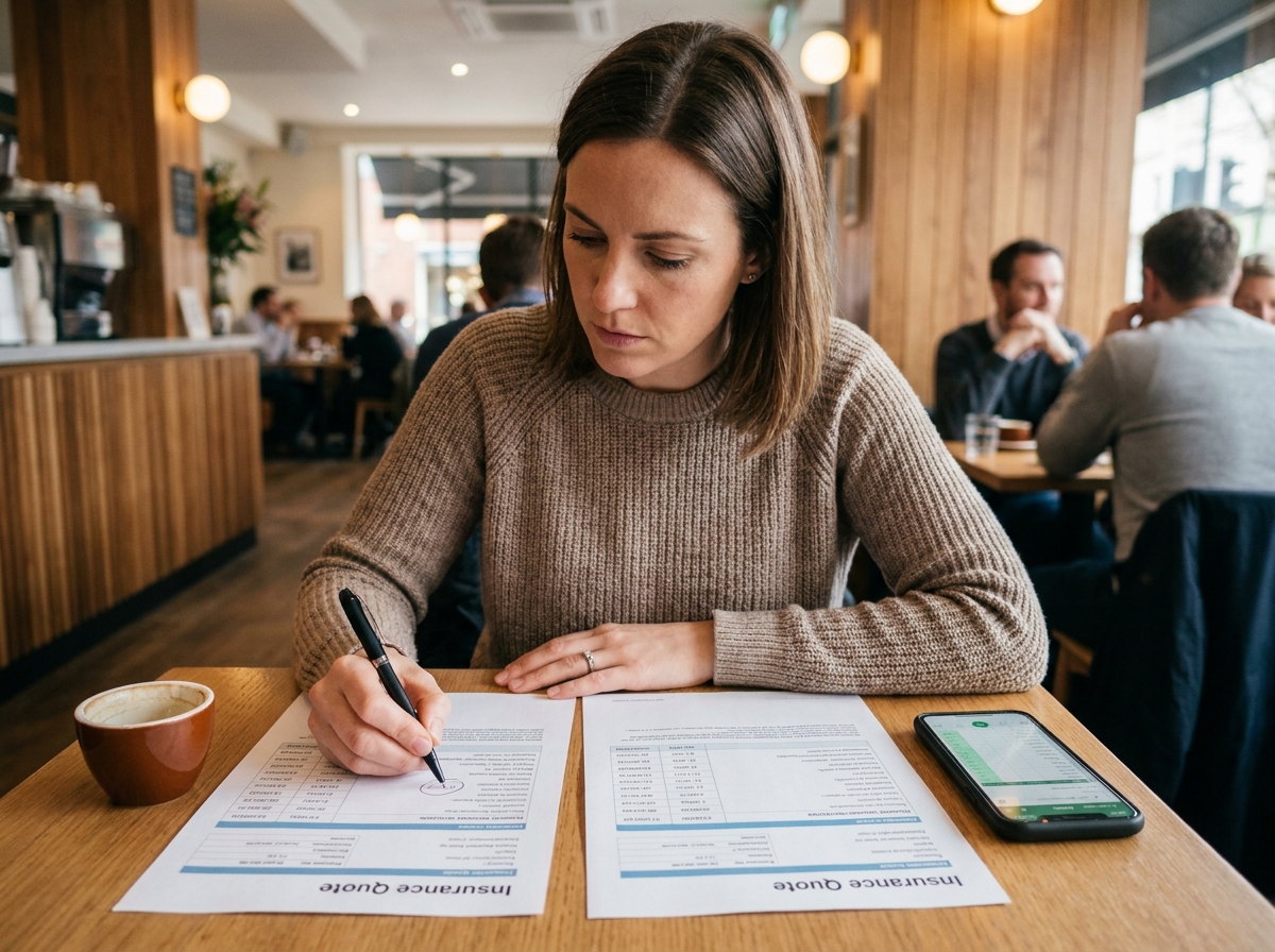 Femme comparant des devis d'assurance animaux dans un café en analysant les taux de remboursement et les franchises
