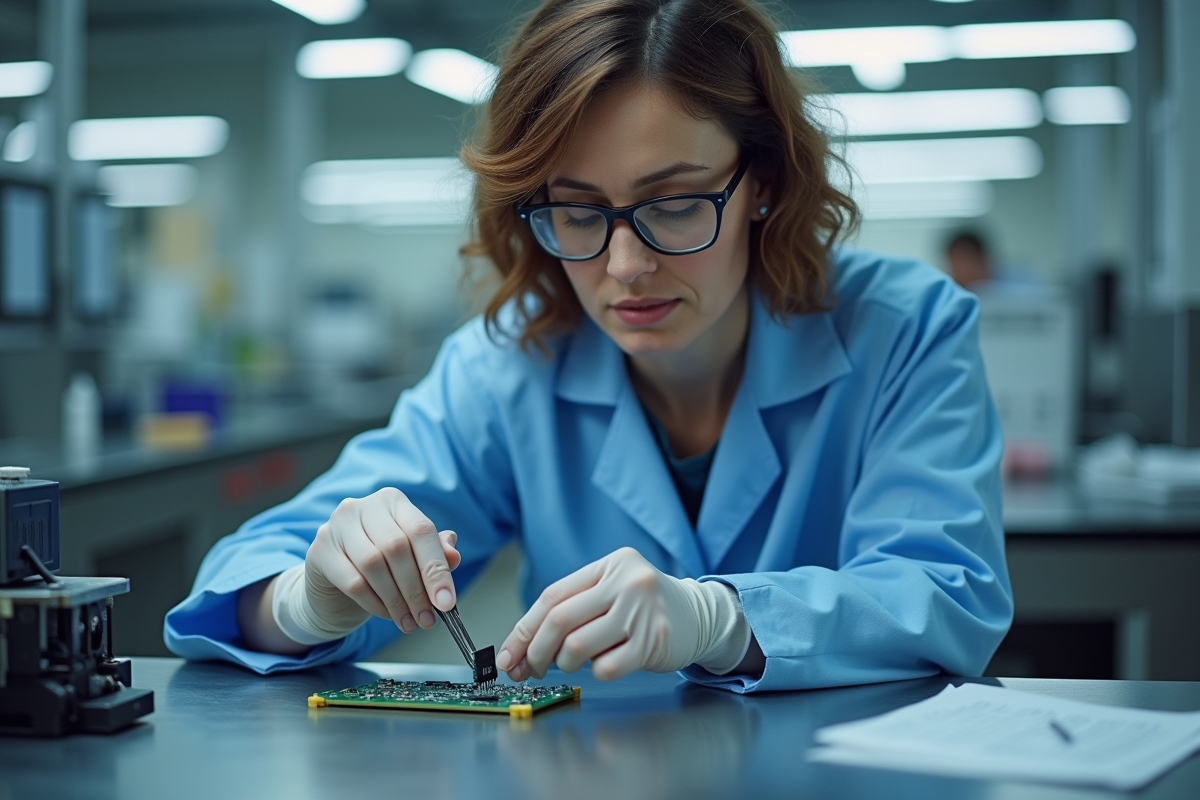 Technicienne installant un circuit imprimé dans un laboratoire hightech