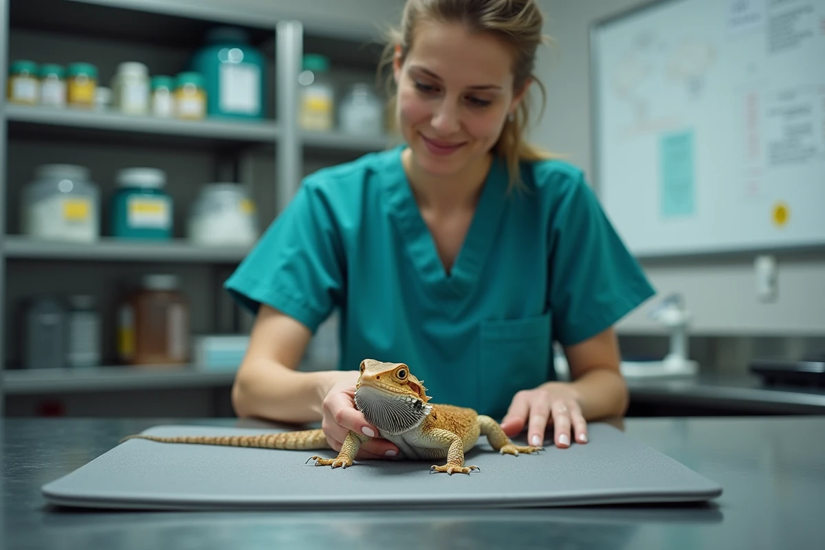 Technicienne vétérinaire spécialisée NAC manipulant un dragon barbu en clinique