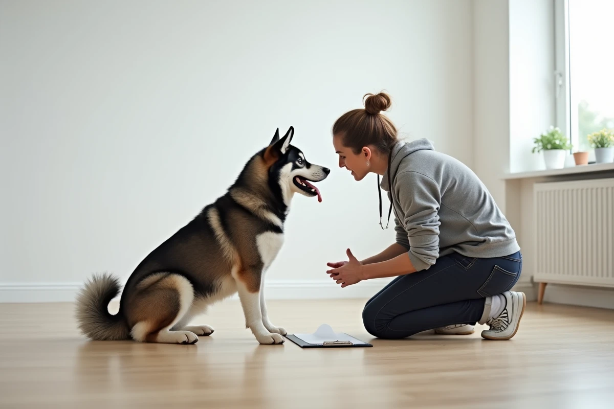 Comportementaliste canine évaluant le tempérament d'un Akita Inu bringé bleu lors d'un test de caractère en intérieur