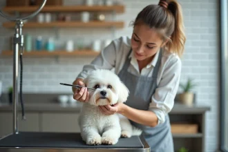 Toiletteuse professionnelle coupant au ciseau le visage d'un Bichon Maltais blanc sur une table de toilettage en inox dans un salon propre
