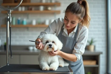 Toiletteuse professionnelle coupant au ciseau le visage d'un Bichon Maltais blanc sur une table de toilettage en inox dans un salon propre