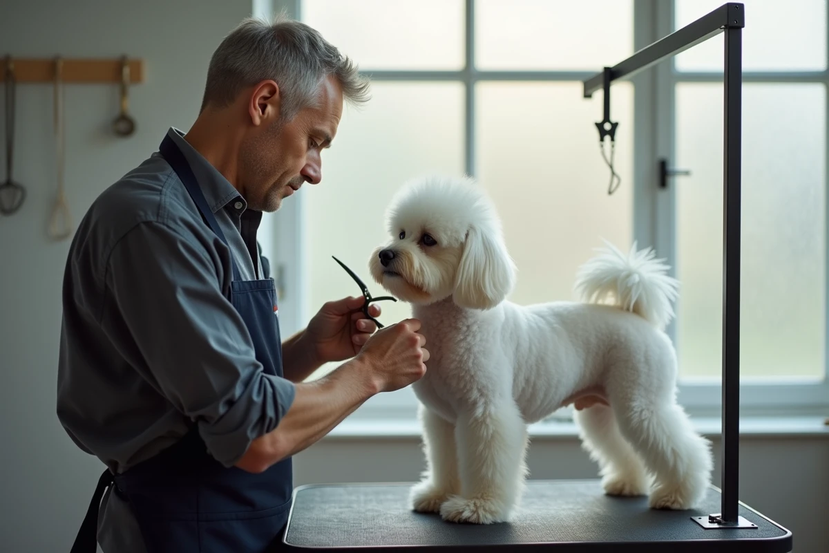 Toiletteur masculin utilisant des ciseaux courbés pour sculpter la robe d'un Bichon Maltais blanc dans un espace de toilettage moderne