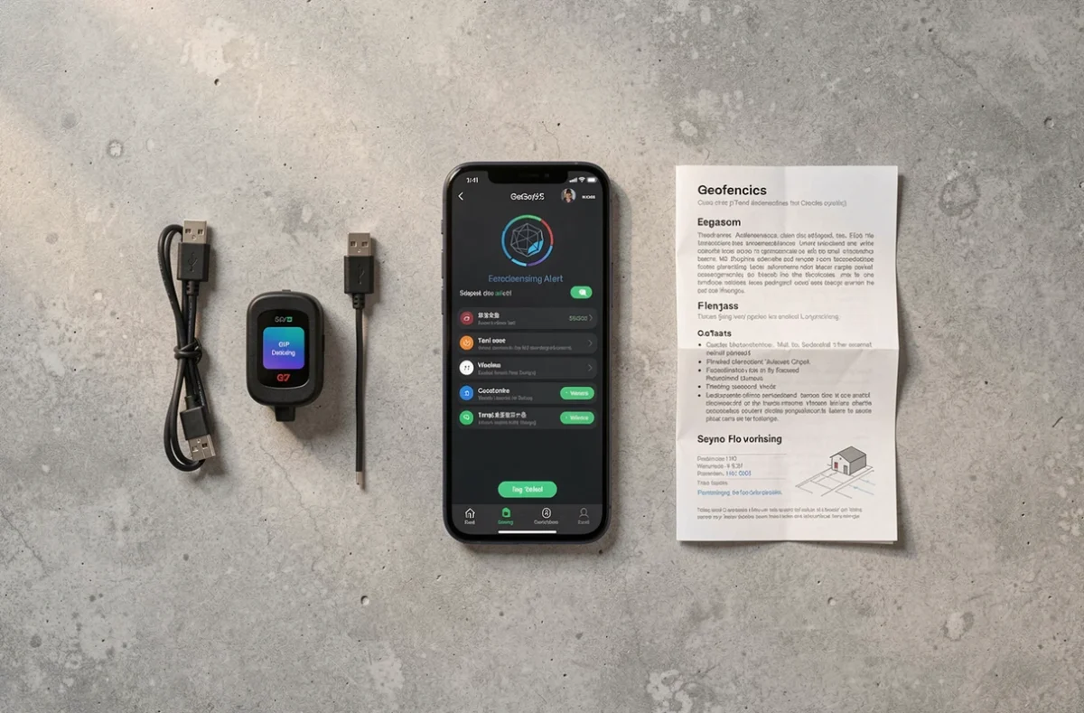Vue à plat d'un traceur GPS, smartphone avec interface d'alerte de zone et accessoires sur surface en béton