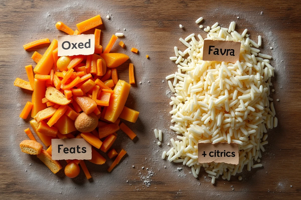 Vue de dessus des restes de cuisine triés sur une table en bois, distinguant les aliments bons pour les cochons de ceux à éviter