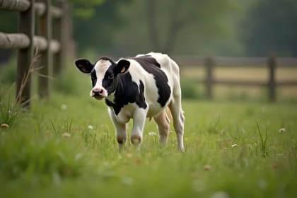 Vache miniature Holstein paissant dans un pré vert avec une clôture en bois en arrière-plan