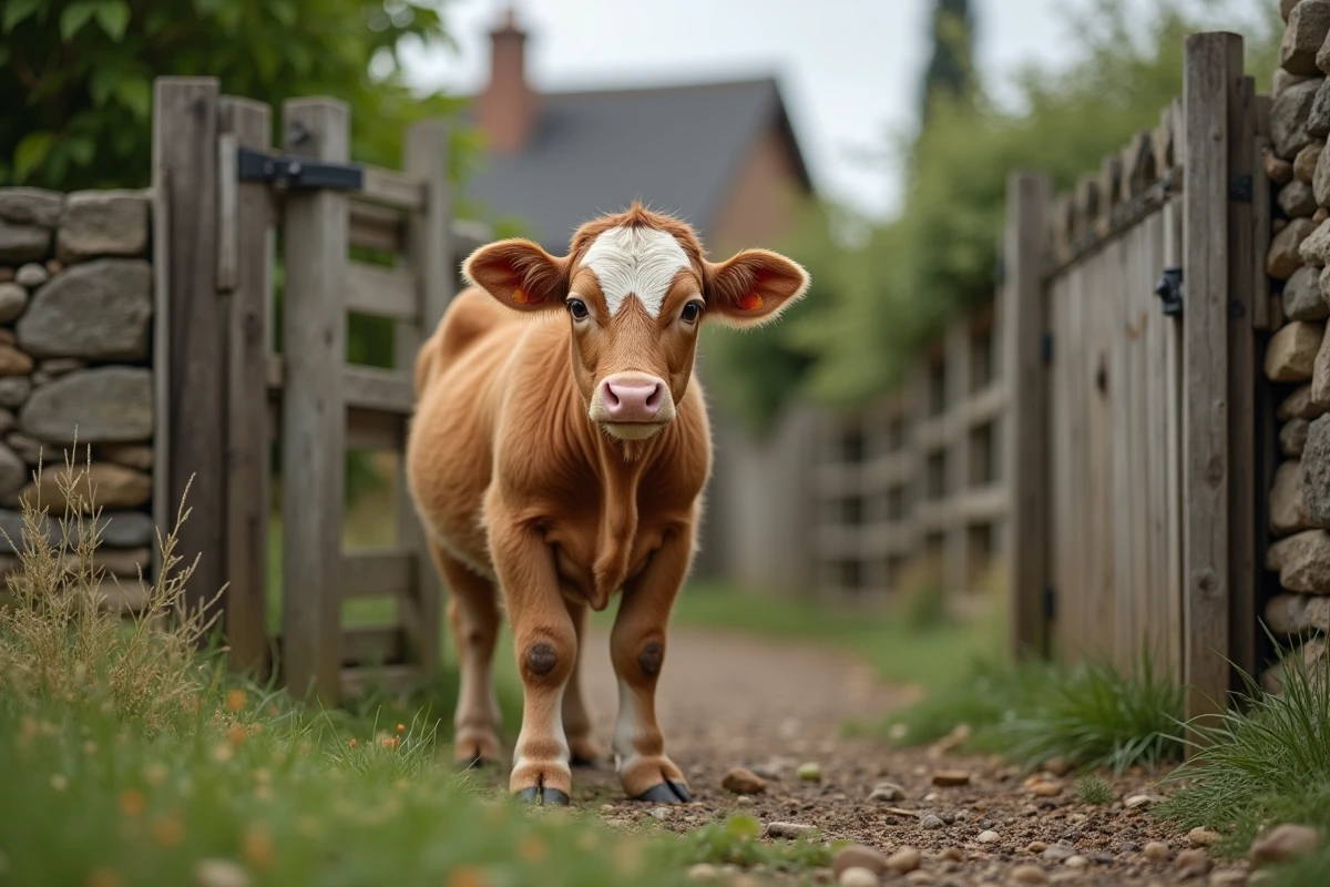 Vache miniature brune et blanche devant un portail de jardin dans une propriété rurale familiale