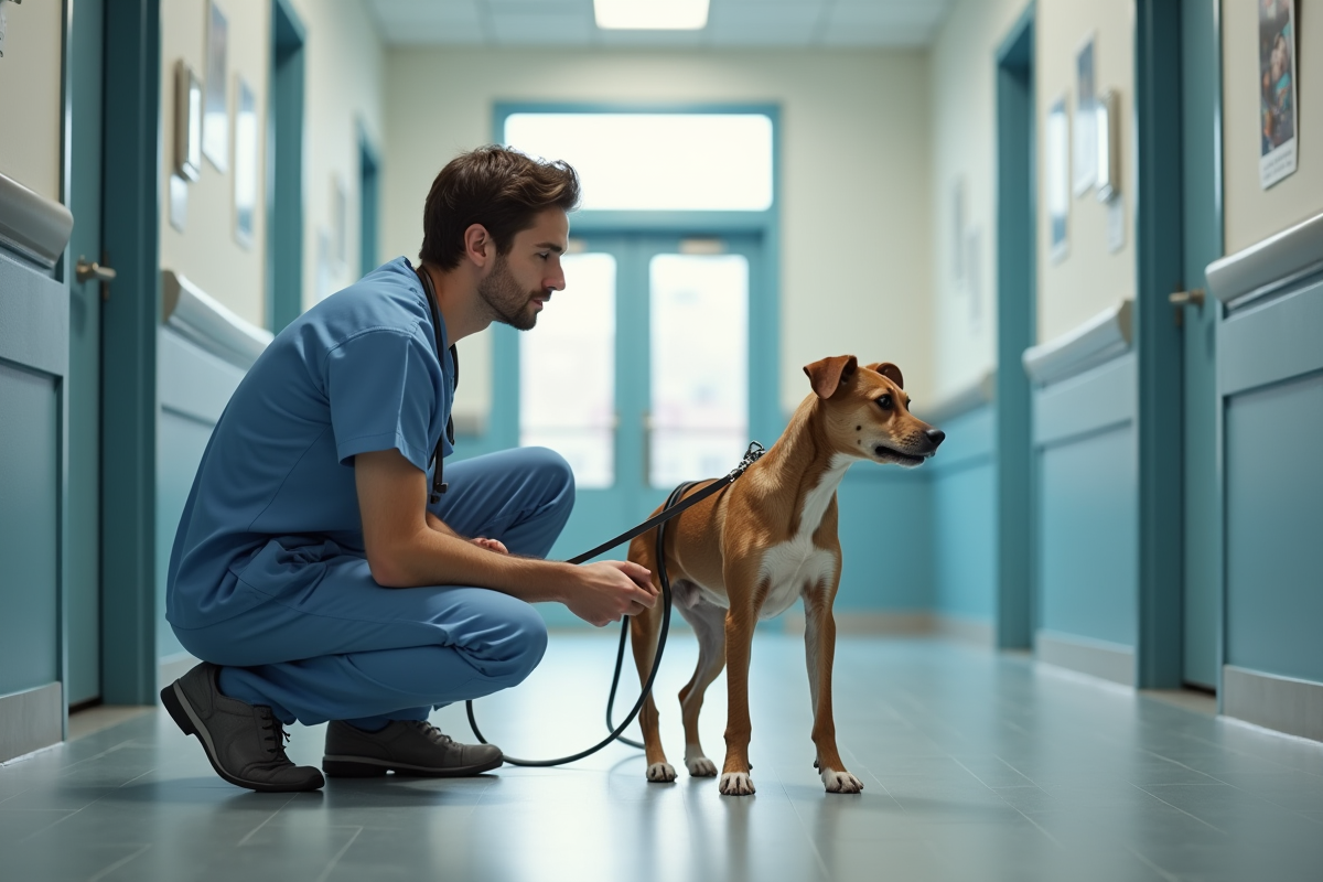 Vétérinaire rassurant un chien nerveux en clinique