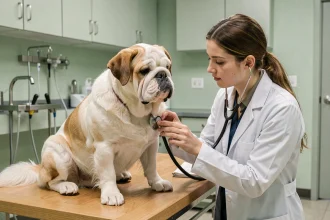 Vétérinaire examinant un bouledogue à poil long sur une table de consultation, illustrant l'importance de l'assurance pour cette race
