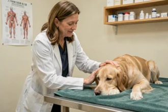 Vétérinaire posant sa main sur un vieux golden retriever allongé calmement sur une table d'examen en clinique vétérinaire