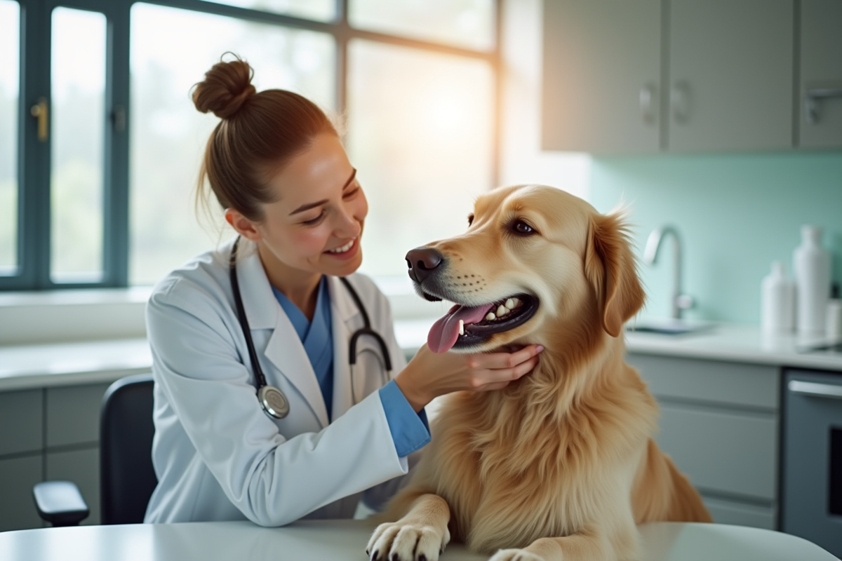 Vétérinaire examinant un retriever en clinique moderne