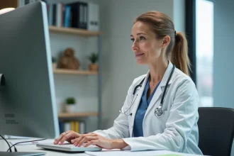 Vétérinaire femme en clinique moderne regardant données