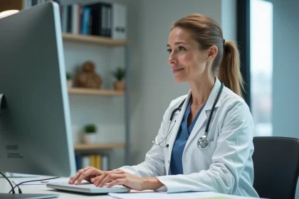 Vétérinaire femme en clinique moderne regardant données