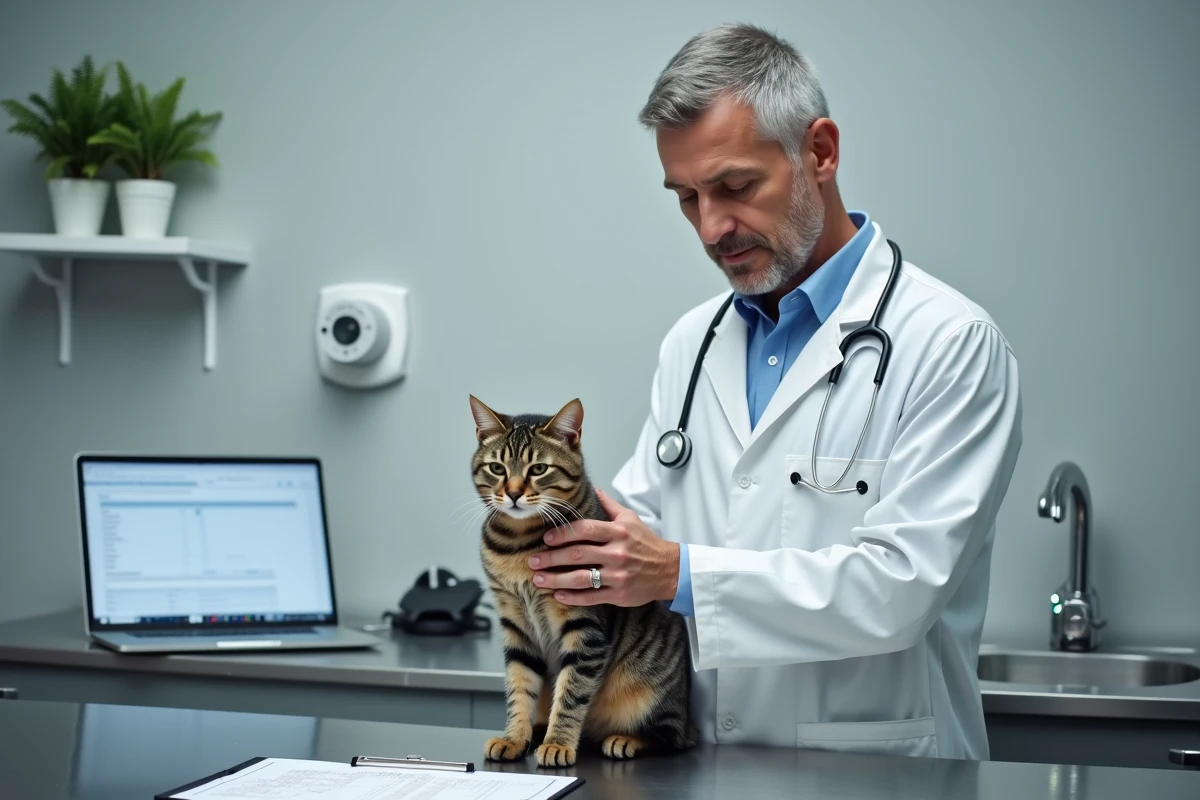 Vétérinaire examinant un chat dans une clinique vétérinaire avec des documents d'assurance en arrière-plan