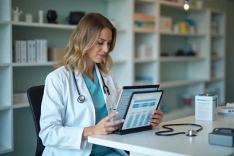 Vétérinaire consultant les tarifs d'abonnement GmVet sur une tablette numérique dans une clinique vétérinaire moderne