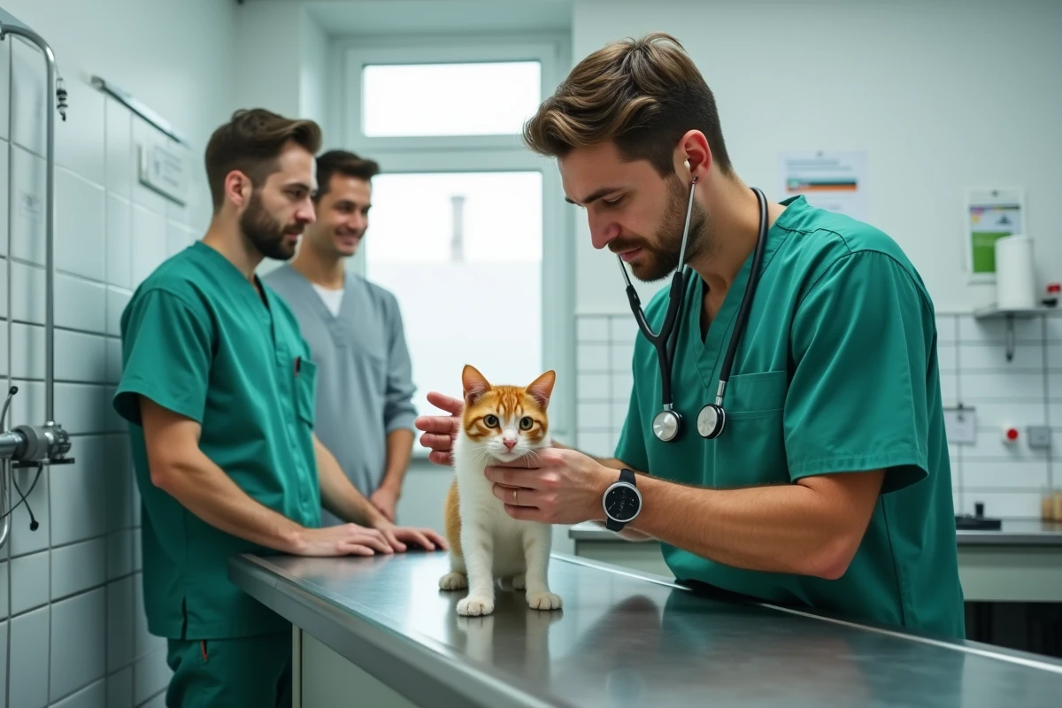 Vétérinaire examinant un chaton roux dans une clinique vétérinaire à Lyon avant une adoption