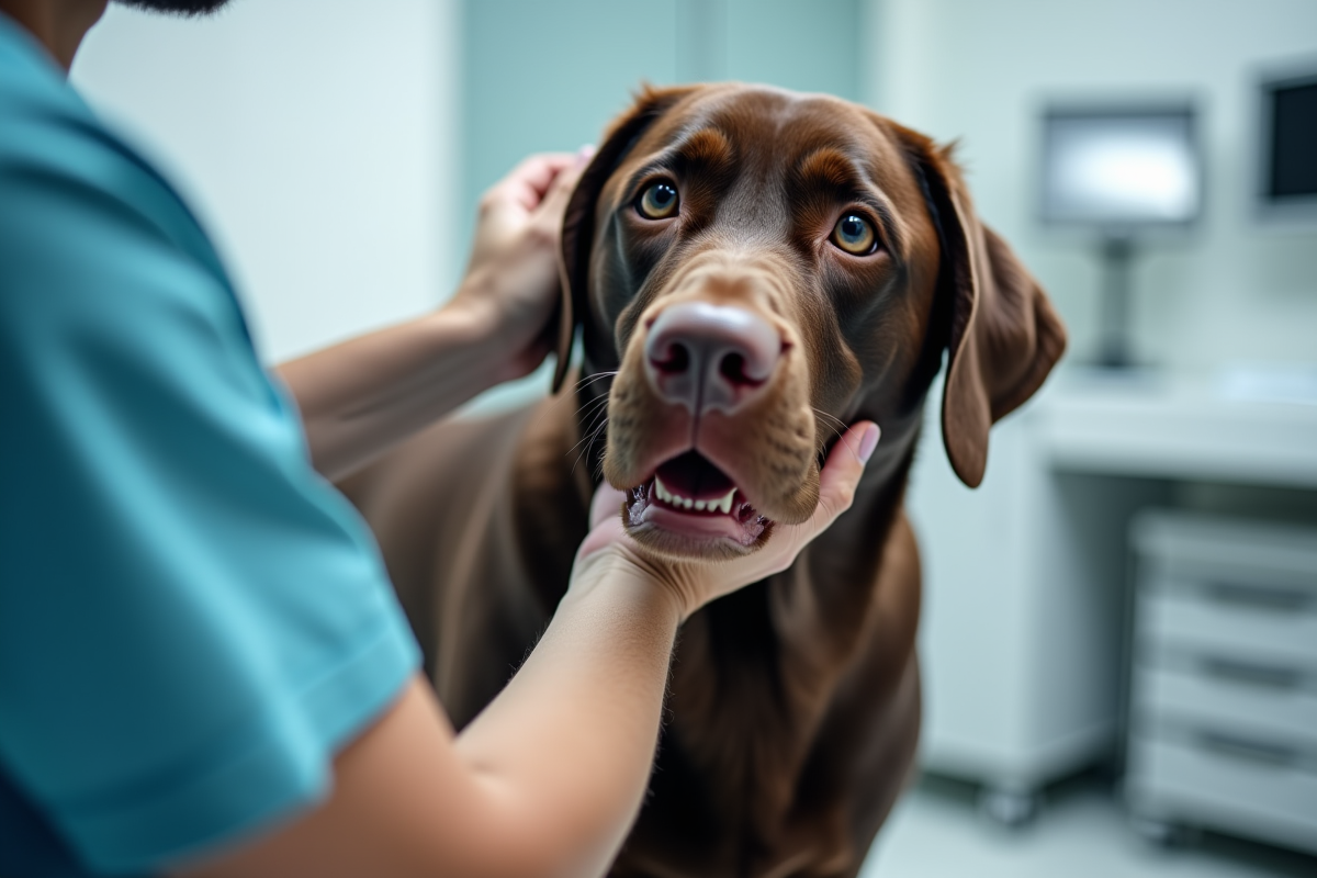 Vétérinaire examinant un Labrador chocolat en clinique