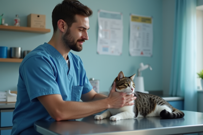 Vétérinaire examinant un chat dans une clinique moderne