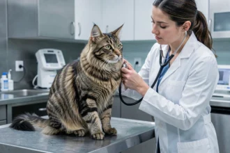 Vétérinaire examinant un chat Maine Coon sur une table de consultation dans une clinique vétérinaire moderne