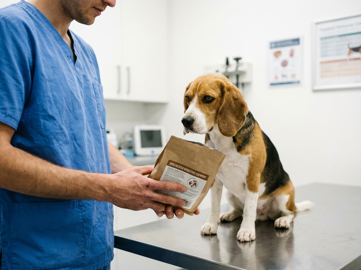 Vétérinaire en blouse bleue proposant de la nourriture à un chien